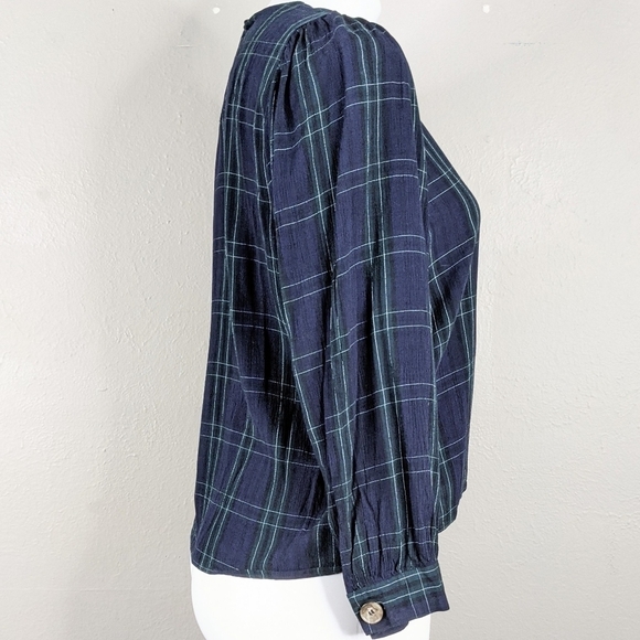 Zara Tartan Plaid Blue Green Balloon Sleeve Keyhole Back Top Academia - Picture 5 of 9